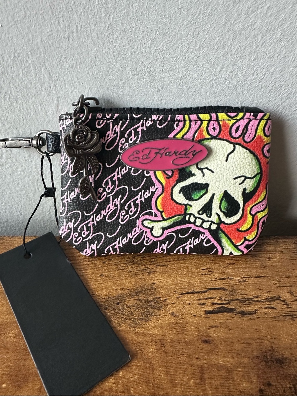 Ed Hardy Black Pink Skull Zip Pouch Wallet Bag Charm Keychain Metal Logo NWT